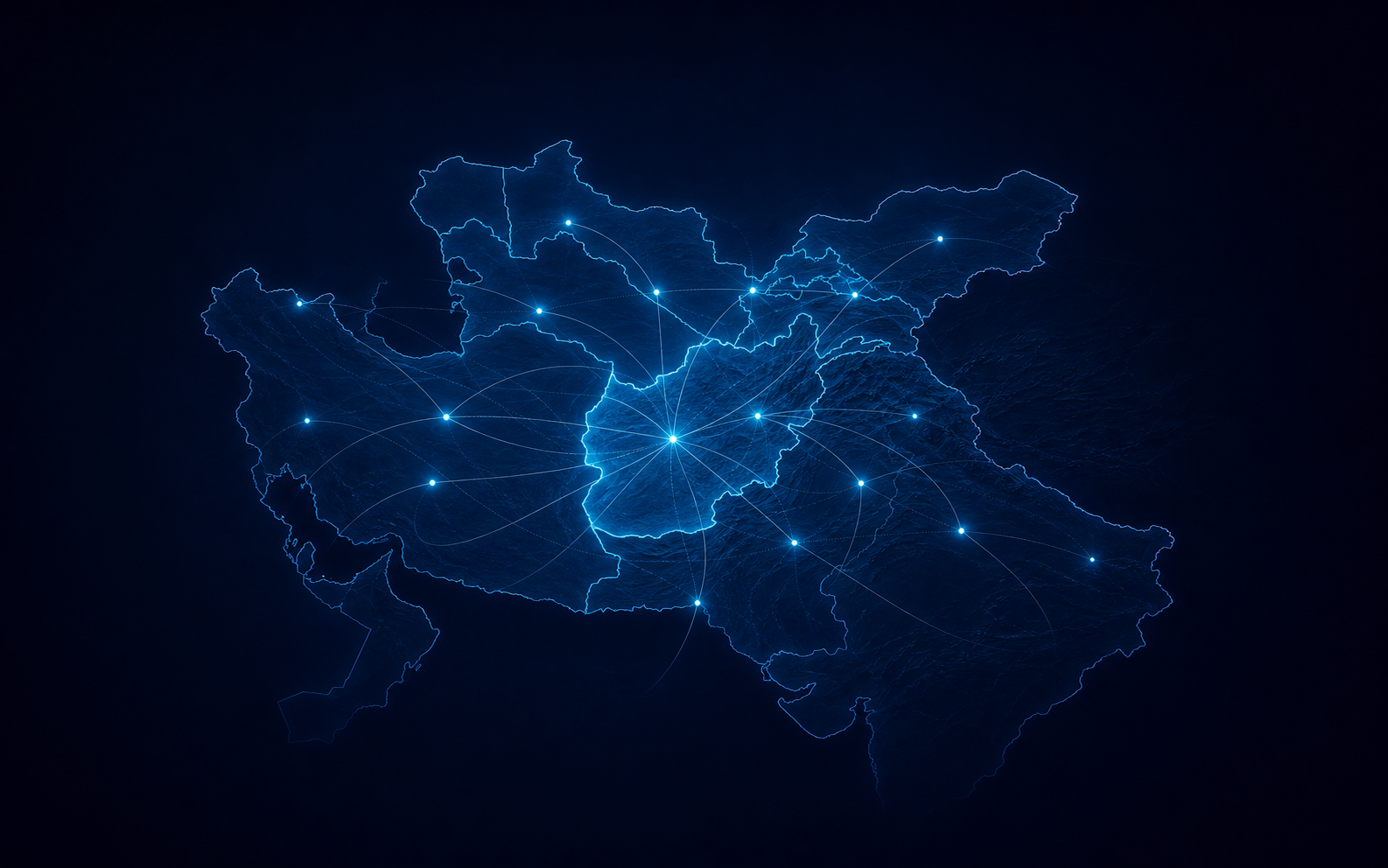 Glowing regional map centered on Afghanistan